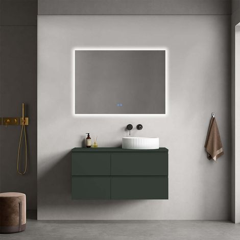 Mobile bagno sospeso reversibile  100 cm Verde Comodoro  per Lavabo d'appoggio Specchio Quadro Retroilluminato - Fiji Paint Top