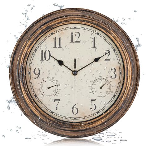 Horloge murale de jardin d'extérieur - Étanche - Vintage - Avec thermomètre et humidité - 30,5 cm - Résistante aux intempéries - Pour patio, piscine, véranda, jardin, salle de bain - Bronze (1/5)