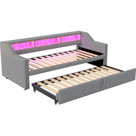Letto divano imbottito estensibile 90/180 x 200 cm grigio chiaro con LED, USB e rete a doghe (1/5)