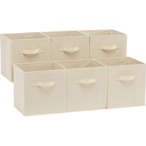 Juego de 6 cubos de almacenamiento plegables de tela con asas, 26,6 x 26,6 x 27,9 cm, color beige liso. (1/4)