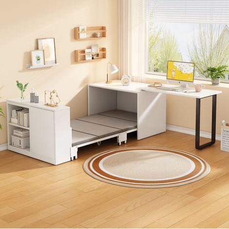 Bett-Schreibtisch transformierbar weiß aus Metall und PB 216x116x79 cm mit Rollen und Stauraum (1/5)