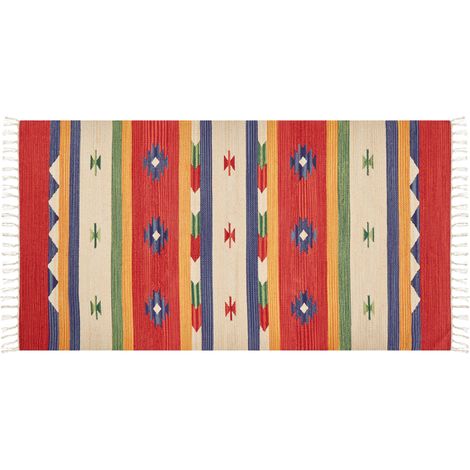 Alfombra kilim de algodón rojo beige 80 x 150 cm a mano borlas reversible Alapars