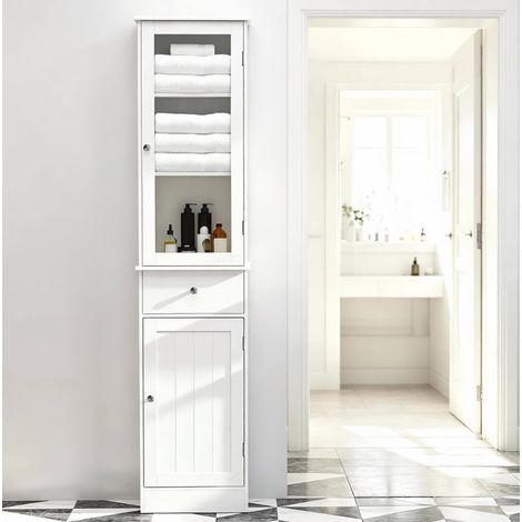 Mobiletto alto da bagno bianco in MDF e acrilico con cassetto e ripiani, OKWISH (1/5)