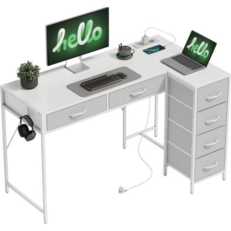 Bureau d'angle réversible à 6 tiroirs 126 x 48 cm avec prise électrique, ports de chargement USB et USB-C, blanc