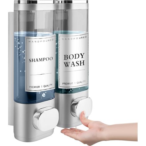 Distributeur de Savon Mural, Distributeur Gel Douche, Distributeur Double de Shampoing et Après-shampoing sans Perçage ABS pour Salle de Bain Cuisine Marché Hôtel Restaurant 300ML2(Argent) (1/5)