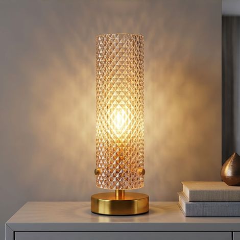Tischleuchte Beistelllampe Leselampe goldfarben Schalter Glas amber H 28,5 cm (1/5)