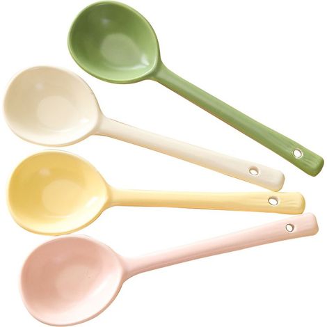 Ensemble de 4 cuillères à long manche en céramique pour la maison : cuillère à manche droit jaune crème, cuillère à manche droit matcha et cuillère à manche droit blanc crème. (1/5)