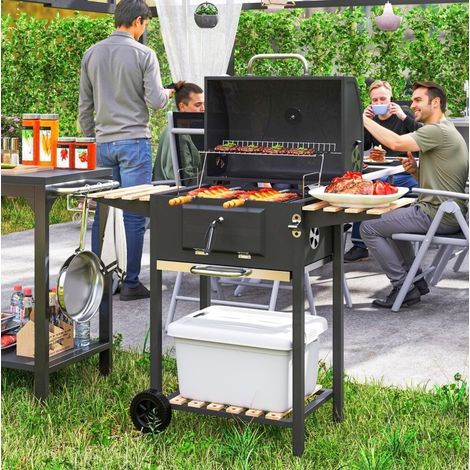 Barbacoa de carbón de acero inoxidable con tapa, termómetro y ruedas, 112 x 58 x 107 cm (1/5)