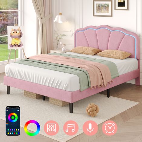 4ft6 Double Upholstered Bed with LED Adjustable Shell Shape Headboard, Soft Velvet Bed Frame with Solid Wood Slat, No Box Spring Needed, Easy Assembly, Pink (No Mattress)