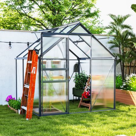 Serre en polycarbonate et aluminium avec porte battante et fenêtre de toit, 3.6㎡, grise (1/5)