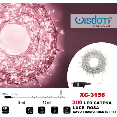 Trade Shop - Cadena De Luz 300 Led Luciérnagas Luz Rosa Cable Transparente Ip44 Xc-3156 -