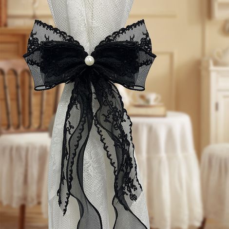 Set di 4 fermatende con fiocco e clip a forma di fiocco con perle, ideale per arredare una camera da letto in stile bohémien, una cameretta per bambini o uno stile rustico. (Nero)