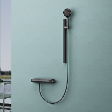 doporro Système de Douche avec Douchette Douche à Main Pommeau de Douche Gris Mitigeur Salle de Bain avec Barre Coulissante à Réglage Continu de 60 cm Duschsystem09