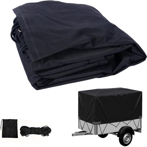 Trailer Tarpaulin 210 x 114 cm (90 cm Edge) 600D Oxford Fabric Black Extra Tear Resistant Waterproof Flat Tarpaulin with Extension Rope and Reinforced Corners Heavy Duty Tarpaulin (1/5)