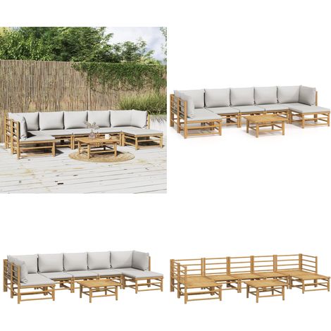 Set de muebles de jardín 8 piezas bambú y cojines gris claro - Muebles de exterior - Sofás de jardín