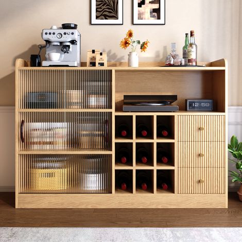 Buffet bar à vin 120 cm avec casier à bouteilles, portes coulissantes en verre semi-transparent, LED multicolore pilotée par application et tiroirs (1/5)