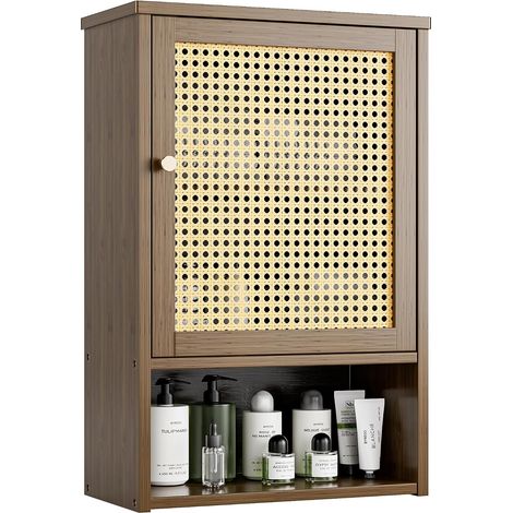 Armoire Murale de Salle de Bain en Bambou avec Portes en rotin et étagère réglable, Armoire à Pharmacie économiseur d'espace pour Linge, Cuisine, Salon (Noyer) (1/5)