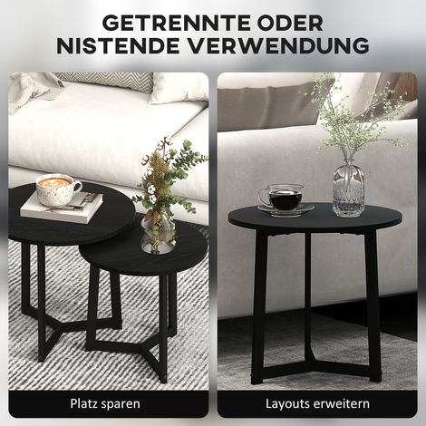 Ensemble de 2 tables d'appoint rondes empilables, piètement métal, plateau MDF, design moderne, finition noire (1/4)