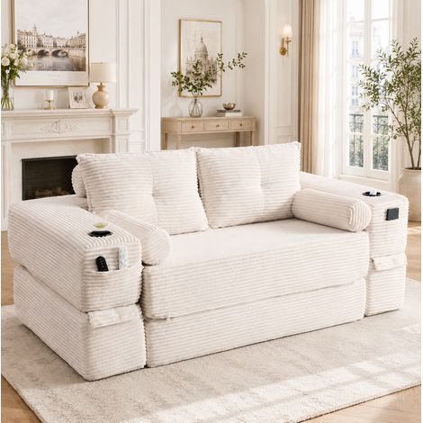 Canapé-lit pliant 2 places en velours côtelé beige avec coussins et porte-gobelet (1/5)