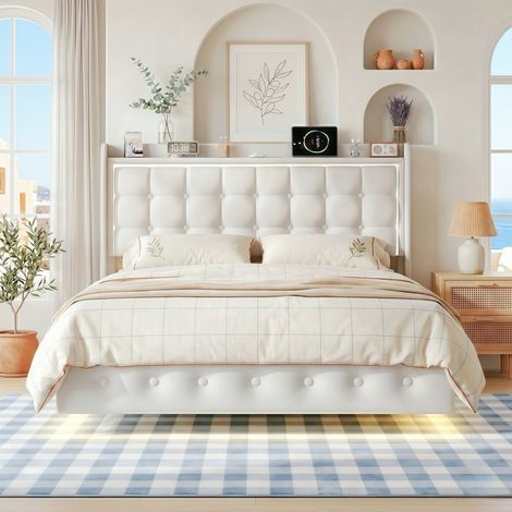 Lit Double 160x200 cm Velours avec LED et USB, Lit Capitonné Adulte Suspendu avec Sommier à Lattes - Beige