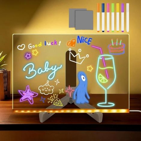 Tableau lumineux LED 30x20 cm – 7 stylos néon, support réglable – Acrylique effaçable – Cadeau (1/4)