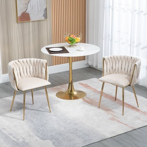 Lot de 2 chaises, chaises de salle à manger, dossier tressé avec pieds en métal, velours, pour salle à manger, salon et chambre, Beige (1/5)