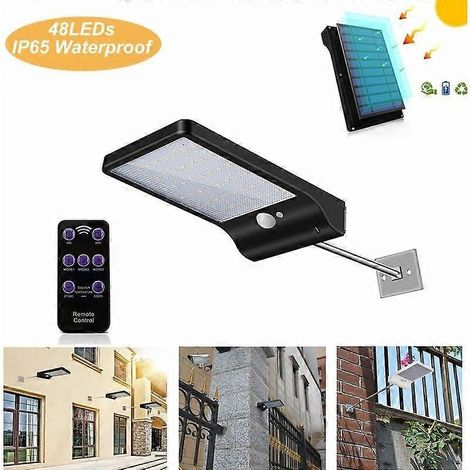 Schwarze, wasserdichte Solarleuchte mit 48 LEDs, Bewegungssensor und Dimmer, drahtloser Fernbedienung