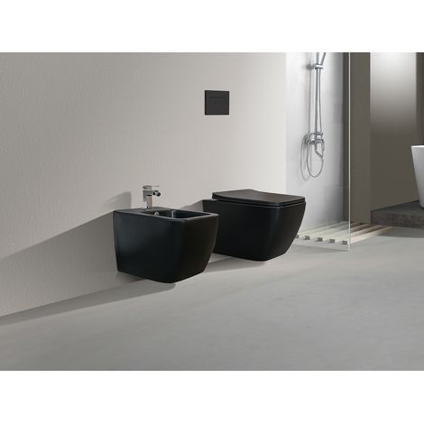 NALA Coppia Sanitari Sospesi Rimless Senza Brida Serie New Edge Nero Opaco Coprivaso Soft-Close Incluso