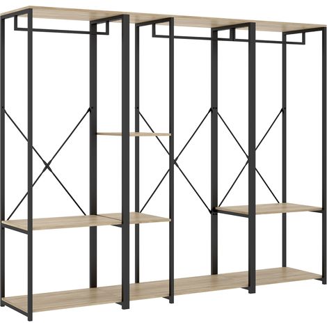 Portant à vêtements triple penderie de structure métallique avec 4 étagères de rangement, coloris naturel/noir - Hauteur 167 x Longueur 210 x Profondeur 40,4 cm (1/5)