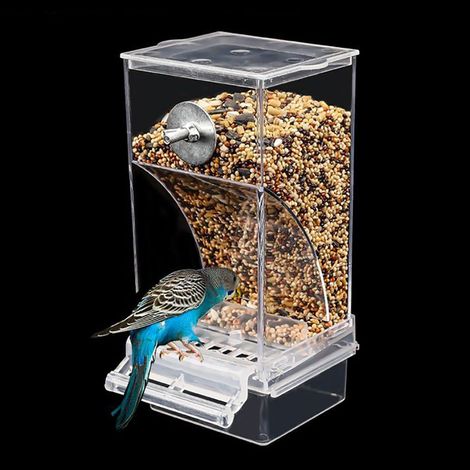 Mangeoire automatique pour oiseaux, récipient à graines suspendu transparent avec perchoir, sans dégâts pour les perruches, calopsittes et pinsons de petite et moyenne taille. (1/5)