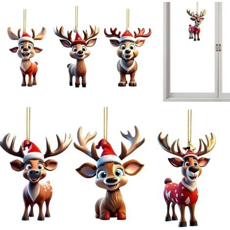 Décorations de sapin de Noël en acrylique en forme d'animaux, joli motif de rennes, adaptées aux sapins de Noël de terrasse, lot de 6. (1/4)