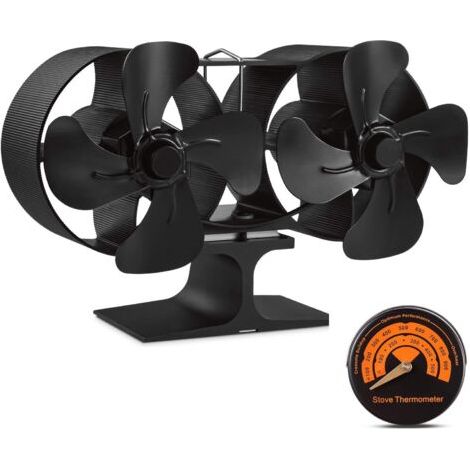 Ventilatore compatto a 8 pale con due motori per stufe a legna, silenzioso, azionato pneumaticamente, ecologico, compatibile con stufe a gas, pellet, legna o pellet, con termometro integrato.