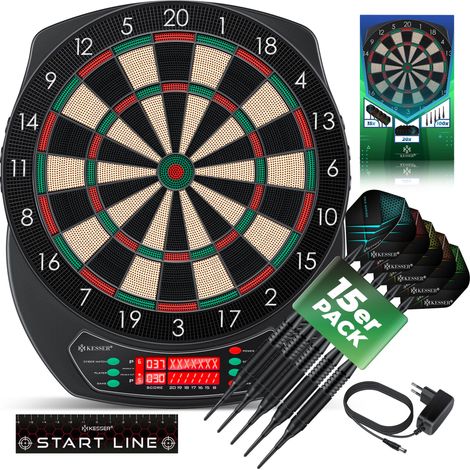 KESSER® Elektronische Dartscheibe Profi Set - E Dartboard mit 15 Dartpfeile + 35 Pro Flights 100 Pfeilspitzen + Zubehör Dart für 1 bis 8 Spieler Classic mit LCD