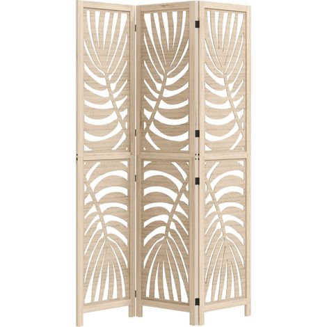 Paravent en bois pliable et séparable à 3 panneaux, motif feuilles, 120 x 170 cm, couleur bois