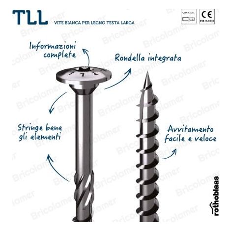 Tll vite bianca per legno testa larga 8x160 mm.