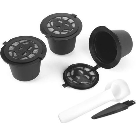 Lot de 3 filtres à café réutilisables en plastique léger, capsules de 15 ml, avec cuillère et goupillon. (1/5)