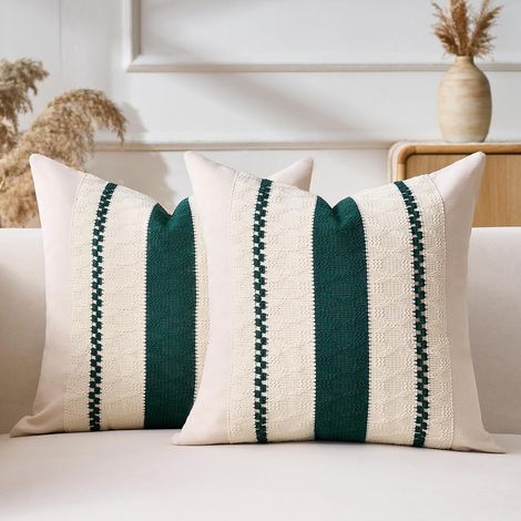 Lot de 2 Housse de Coussin 40x40 cm Coton Lin Vert Motif Boho Rustique pour Canapé Salon Chambre (1/5)