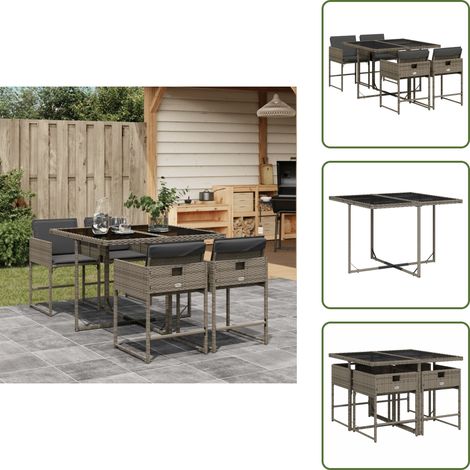 5-tlg. Garten-Essgruppe mit Kissen Grau Poly Rattan - Gartengestell - Gartenmöbelset - Outdoor Möbel - Terrassenmöbel - Esstisch (1/5)