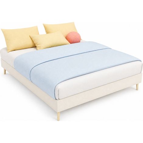 Cadre de lit 140x200 cm beige en tissu doux avec structure métal, style moderne à motif géométrique, sans tête de lit ni matelas, montage facile - CHICFURN (1/5)