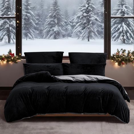 Winter Bettwäsche 135x200 cm Schwarz Grau, warm & kuschelig, 2-teilig