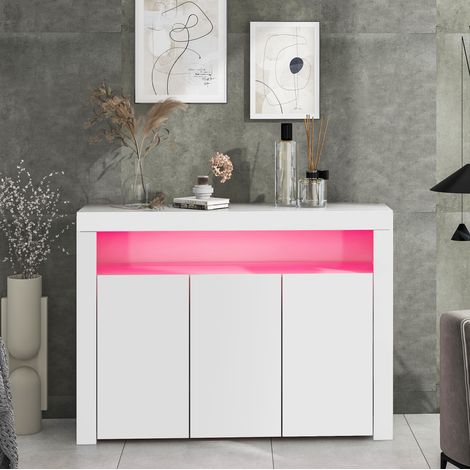 Buffet bas LED blanc laqué 3 portes 130 x 35 x 95 cm en panneau de particules REDOM (1/5)