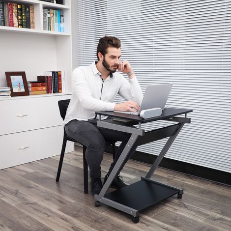 Bureau en Z, Table d’ordinateur, Table informatique, peu encombrant, montage simple, roulettes avec freins, avec support à clavier, pour bureau, Noir (1/4)