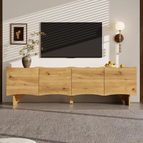Meuble TV moderne à motif ondulé – Console multimédia de 155 cm avec espace de rangement, quatre portes et gestion des câbles, aspect bois, design élégant pour le salon