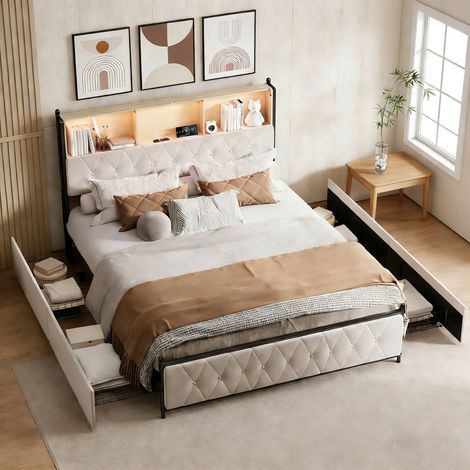 Lit Double Rembourré 180x200cm avec Sommier à Lattes en Bois, Lit adulte coffre avec LED et USB Type-C, 4 Tiroirs de Rangement, Lit Design, pour Adultes 2 Personnes, Velours, Beige (1/5)