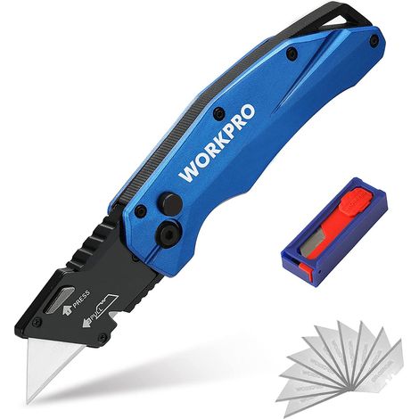 WORKPRO Cutter Professionnel Pliant, Cutter Utilitaire avec Mécanisme de Changement Rapide & Serrure Bouton, Cutter Bleu avec 10 Lames SK5 Supplémentaires, Idéal pour Coupe (1/5)