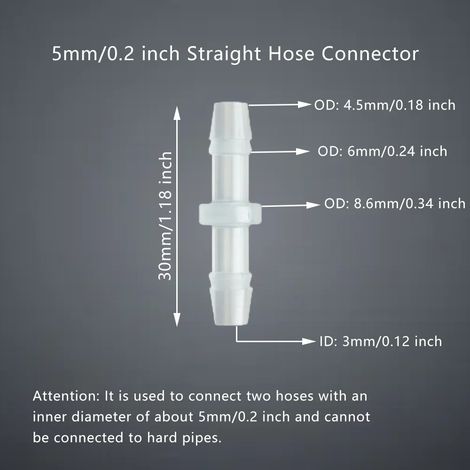 Raccord droit de 5 mm (5 pièces) pour réparation de tuyau, rallonge de joint traversant, raccord en plastique de diamètre égal, 5 pièces, 1 pièce, pour laboratoire et irrigation de jardin (1/5)