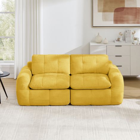 Canapé modulable 2 places, capitonnage carré, mousse haute densité 32D, chenille, assise profonde, style minimaliste, livré monté, idéal pour appartement, salon et chambre, jaune (1/5)