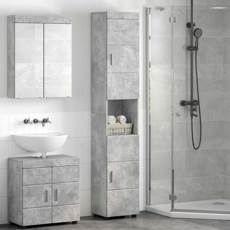 Armoire haute de salle de bain, rangement, bois d’ingénierie, gris béton, 37 x 31,5 x 203 cm - PANGIVO (1/5)