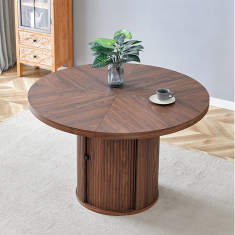 Mesa de comedor redonda (115x115x74 cm), con almacenamiento, estilo nórdico, MDF, nogal (1/5)