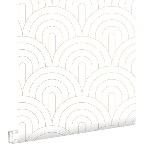Papier peint art déco blanc et or – Motif géométrique – 53cm x 10,05m – Pose facile sans table à tapisser – Encre écologique – Estahome (1/5)